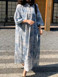 FRIFUL Blue Floral Pleated Maxi Dress – Elegant Petal Sleeve Wedding Guest Dress
