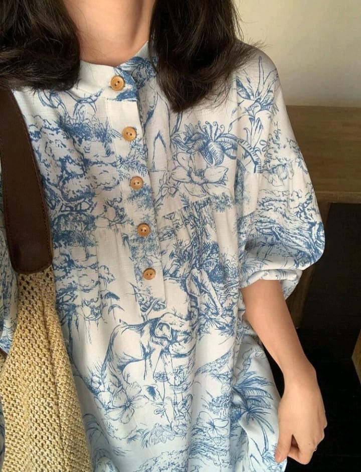 FRIFUL Blue Floral Pleated Maxi Dress – Elegant Petal Sleeve Wedding Guest Dress