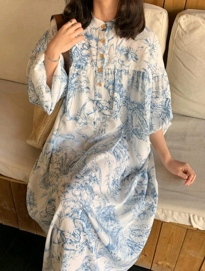 FRIFUL Blue Floral Pleated Maxi Dress – Elegant Petal Sleeve Wedding Guest Dress