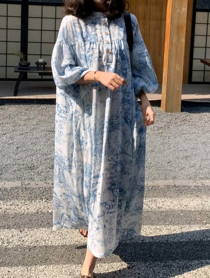 FRIFUL Blue Floral Pleated Maxi Dress – Elegant Petal Sleeve Wedding Guest Dress