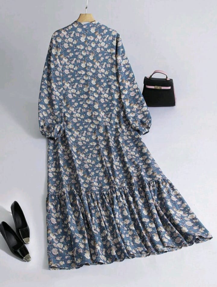 Al Najma Blue Floral Maxi Dress – Modest Long Sleeve Arabian Cottagecore Dress