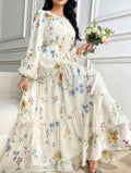 Elegant Floral Tiered Maxi Dress with Belt – Soft Chiffon Long Sleeve Dress