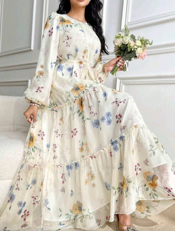 Elegant Floral Tiered Maxi Dress with Belt – Soft Chiffon Long Sleeve Dress