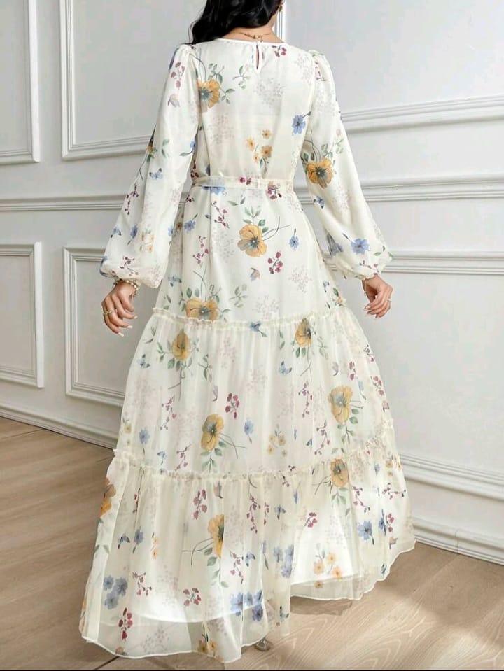 Elegant Floral Tiered Maxi Dress with Belt – Soft Chiffon Long Sleeve Dress