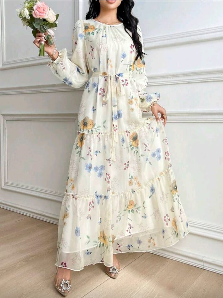 Elegant Floral Tiered Maxi Dress with Belt – Soft Chiffon Long Sleeve Dress