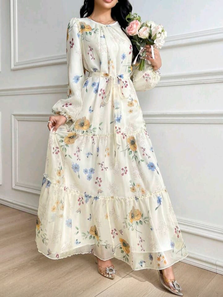 Elegant Floral Tiered Maxi Dress with Belt – Soft Chiffon Long Sleeve Dress