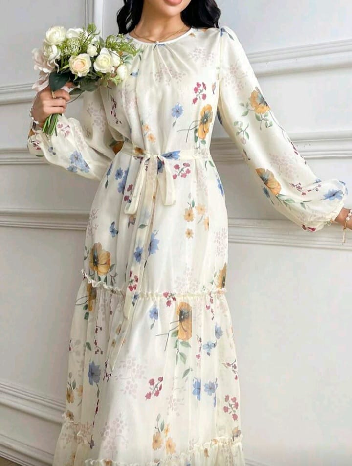 Elegant Floral Tiered Maxi Dress with Belt – Soft Chiffon Long Sleeve Dress