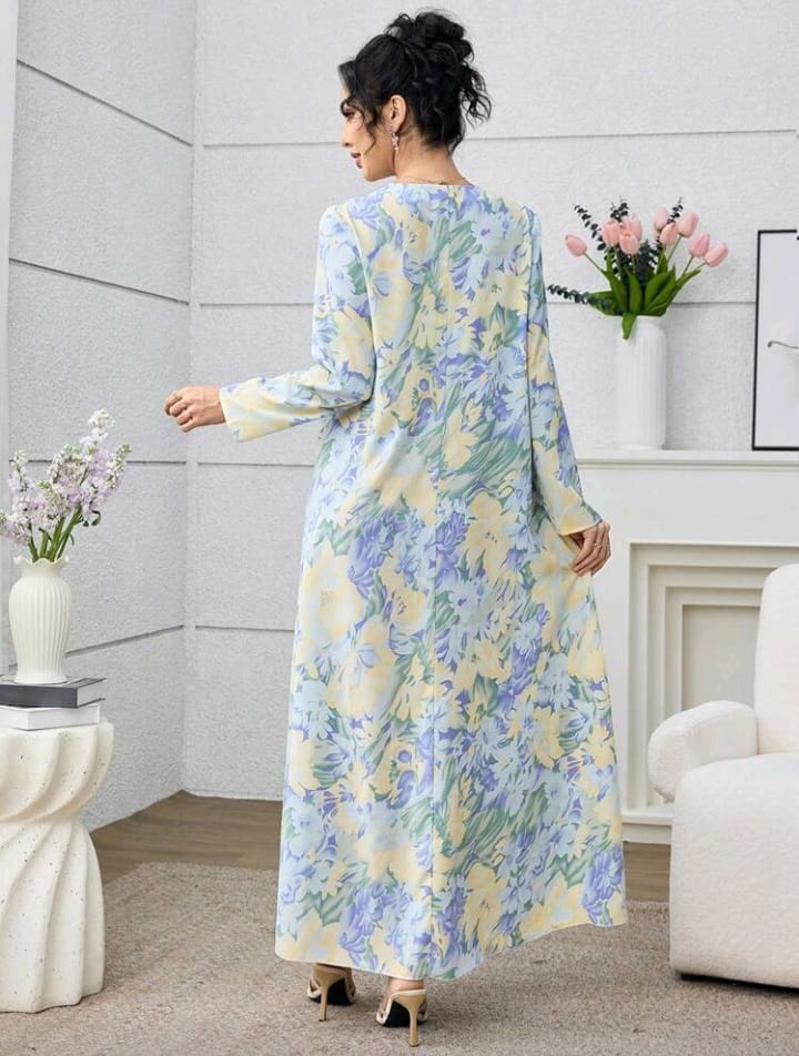 Pastel Bloom Elegant Maxi Dress – Soft Floral Long Sleeve Dress