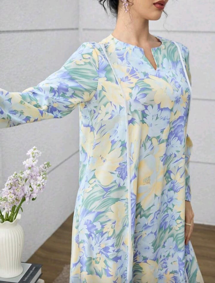 Pastel Bloom Elegant Maxi Dress – Soft Floral Long Sleeve Dress