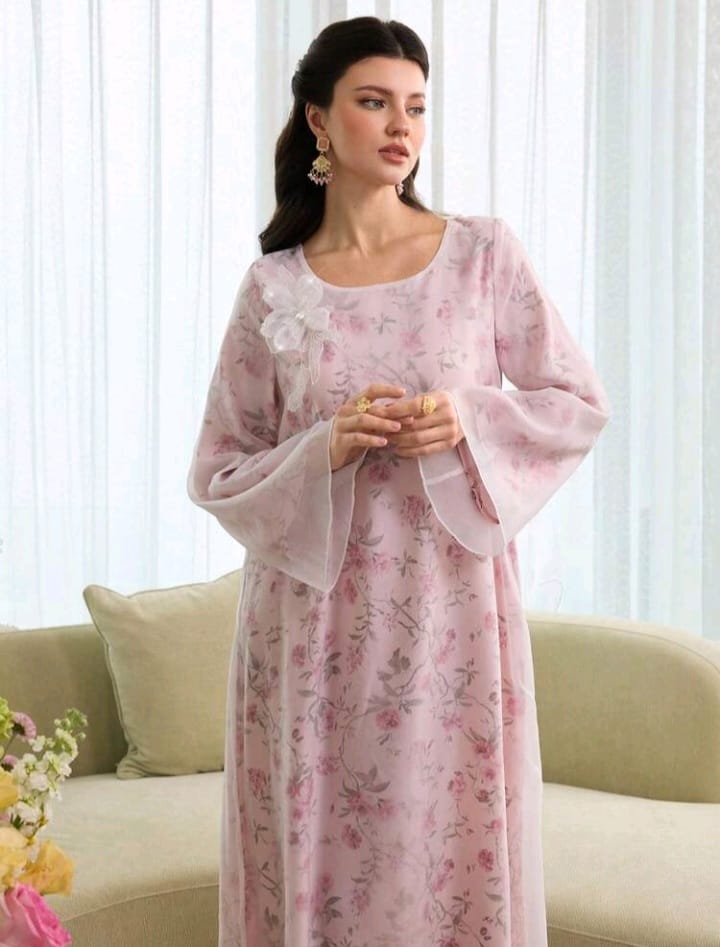 Al Najma Dubai Elegant Printed Maxi Kaftan – Modest Arabic Style Long Sleeve Dress