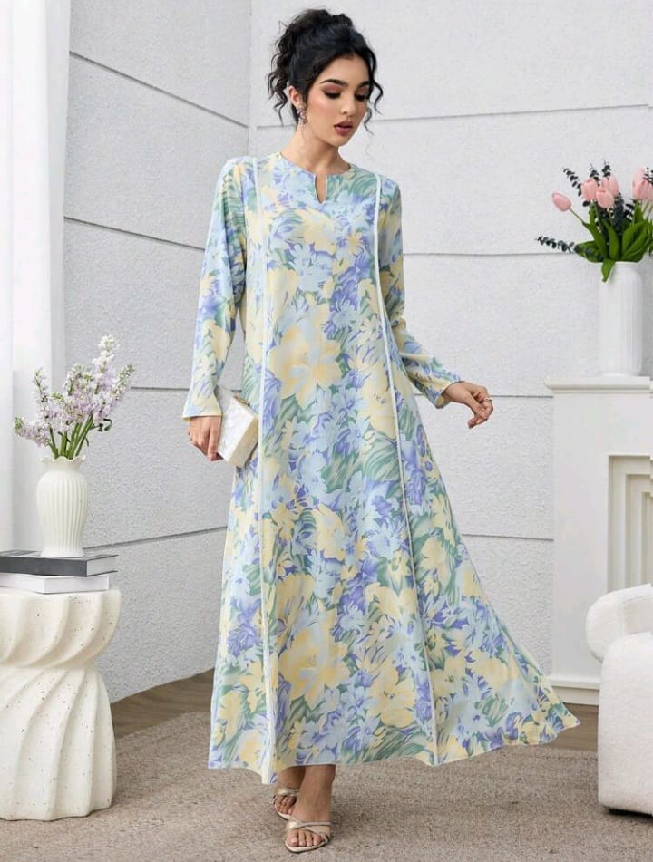 Pastel Bloom Elegant Maxi Dress – Soft Floral Long Sleeve Dress