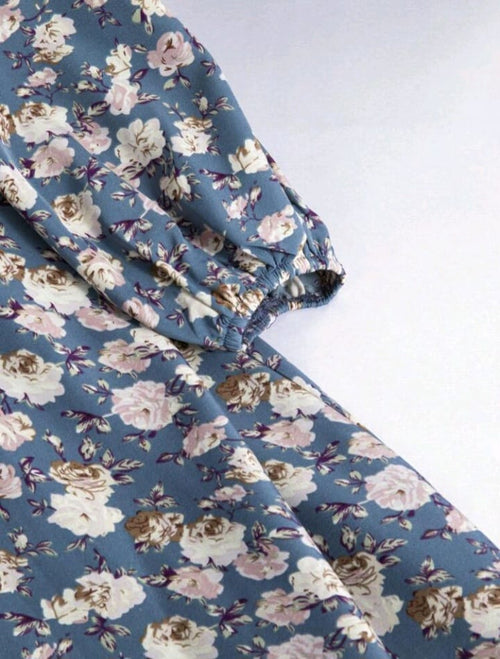 Al Najma Blue Floral Maxi Dress – Modest Long Sleeve Arabian Cottagecore Dress