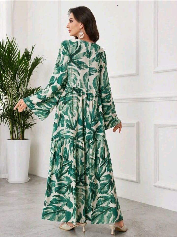 Graceveil Women's Elegant All Over Print Bell Sleeve Arabic Style Dress Tropical Dresses For Women