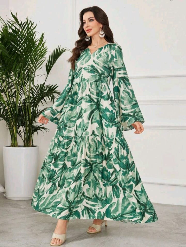 Graceveil Women's Elegant All Over Print Bell Sleeve Arabic Style Dress Tropical Dresses For Women