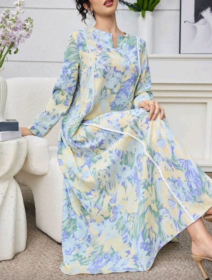 Pastel Bloom Elegant Maxi Dress – Soft Floral Long Sleeve Dress