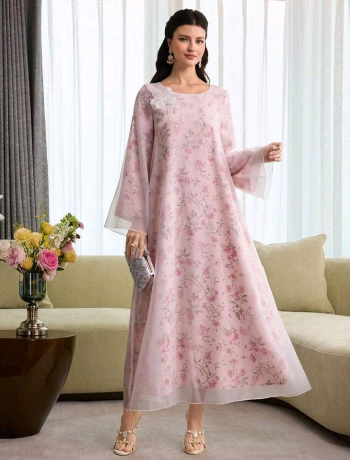 Al Najma Dubai Elegant Printed Maxi Kaftan – Modest Arabic Style Long Sleeve Dress