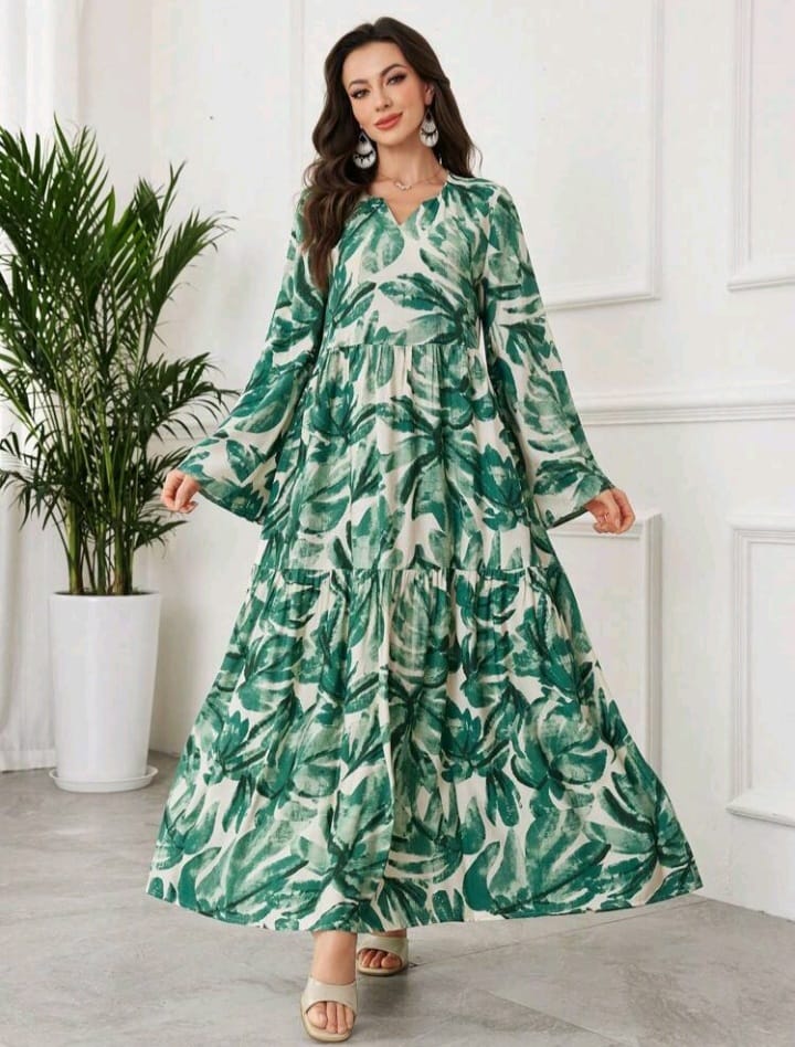 Graceveil Women's Elegant All Over Print Bell Sleeve Arabic Style Dress Tropical Dresses For Women