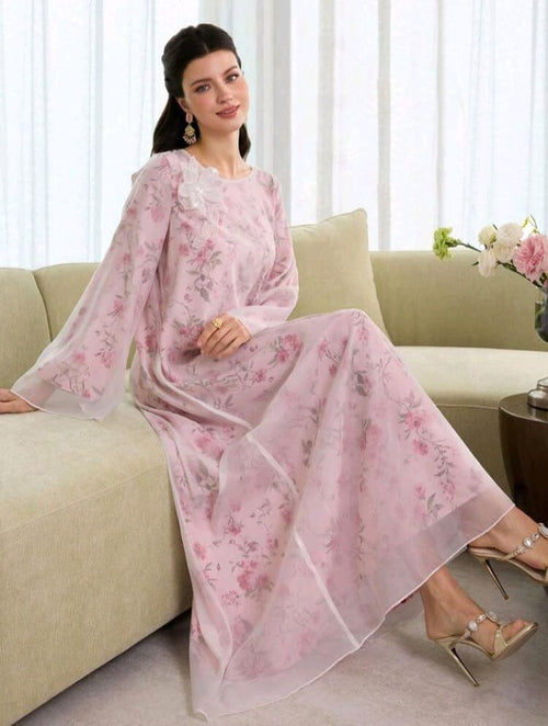 Al Najma Dubai Elegant Printed Maxi Kaftan – Modest Arabic Style Long Sleeve Dress