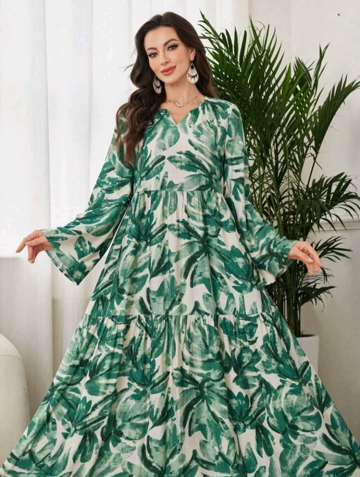 Graceveil Women's Elegant All Over Print Bell Sleeve Arabic Style Dress Tropical Dresses For Women