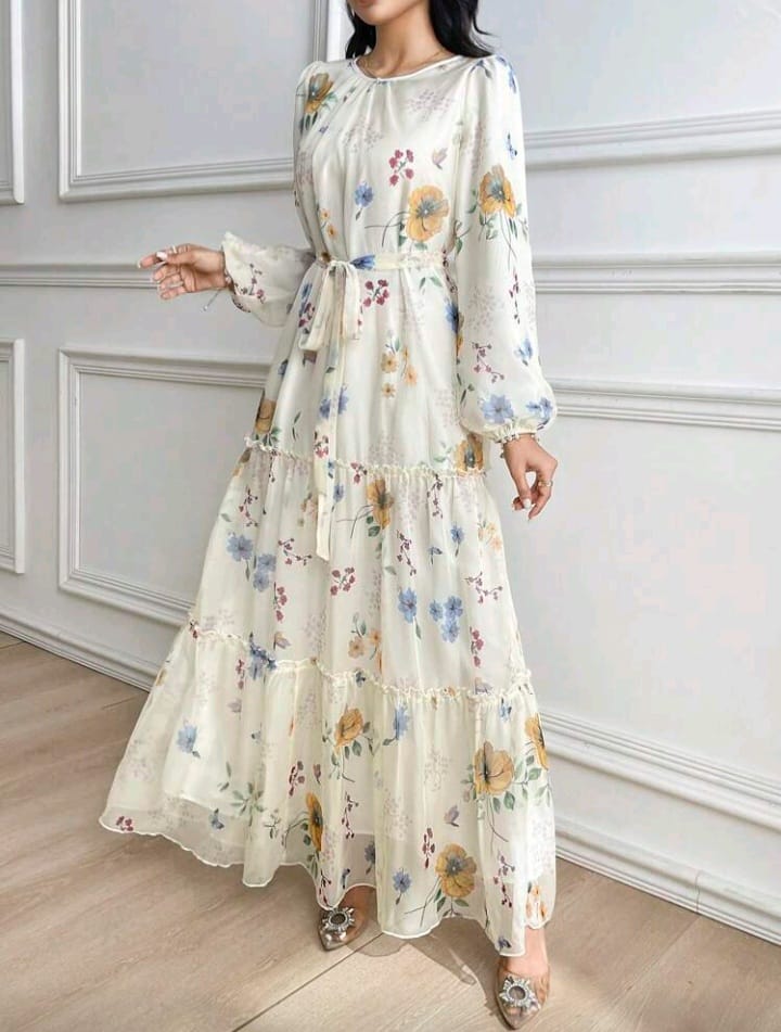 Elegant Floral Tiered Maxi Dress with Belt – Soft Chiffon Long Sleeve Dress