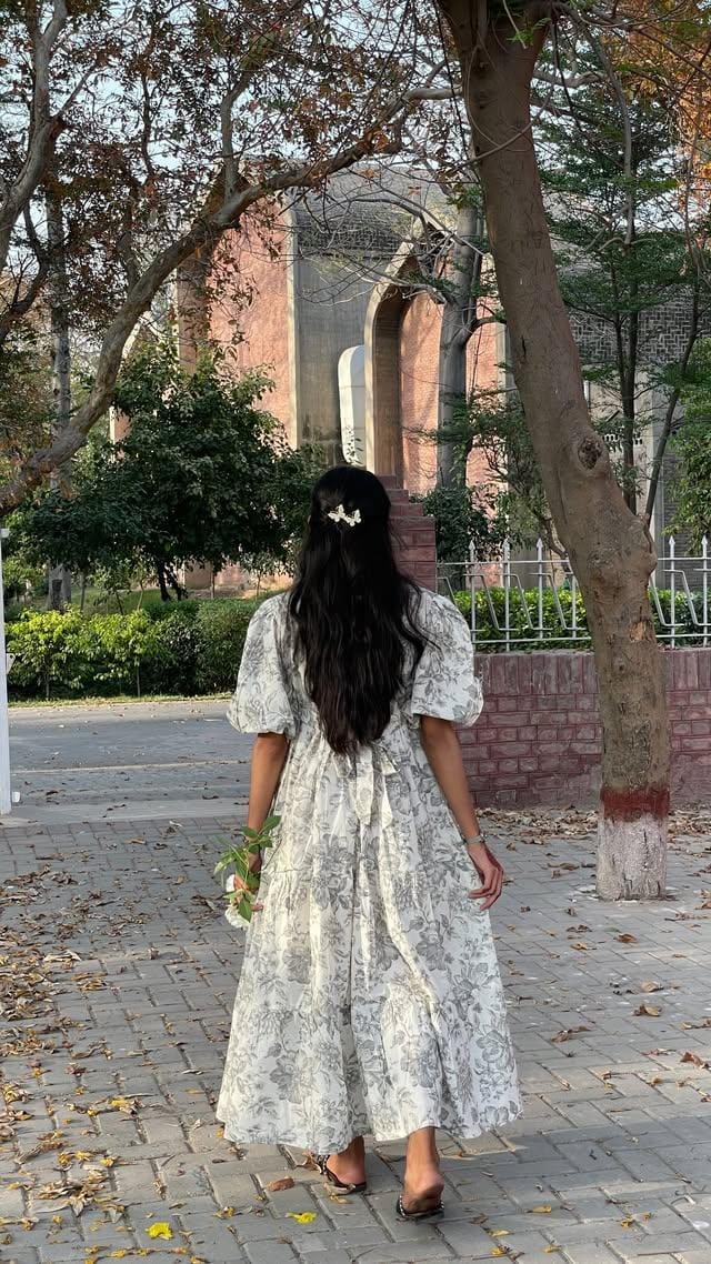 Elegant Ivory Bloom Floral Midi Dress – Soft Cotton Summer Dress for Women