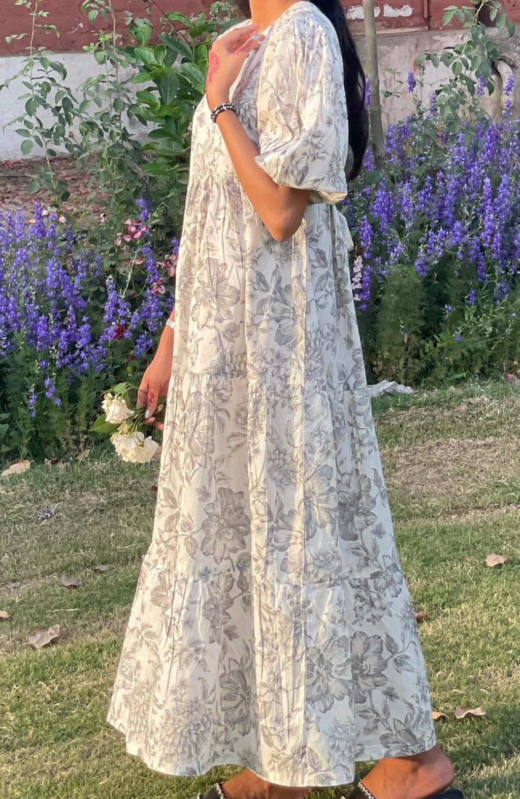 Elegant Ivory Bloom Floral Midi Dress – Soft Cotton Summer Dress for Women