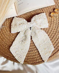 Elegant Pearl-Embellished White Hair Bow – Handmade Hair Clip for Women & Girls