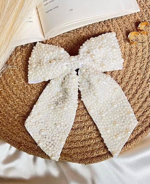 Elegant Pearl-Embellished White Hair Bow – Handmade Hair Clip for Women & Girls